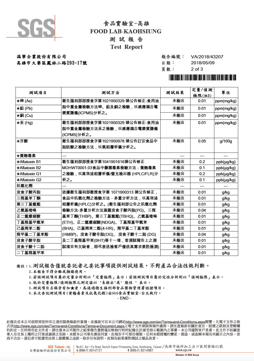 百格仕名廚嚴選橄欖油, 經SGS檢驗合格