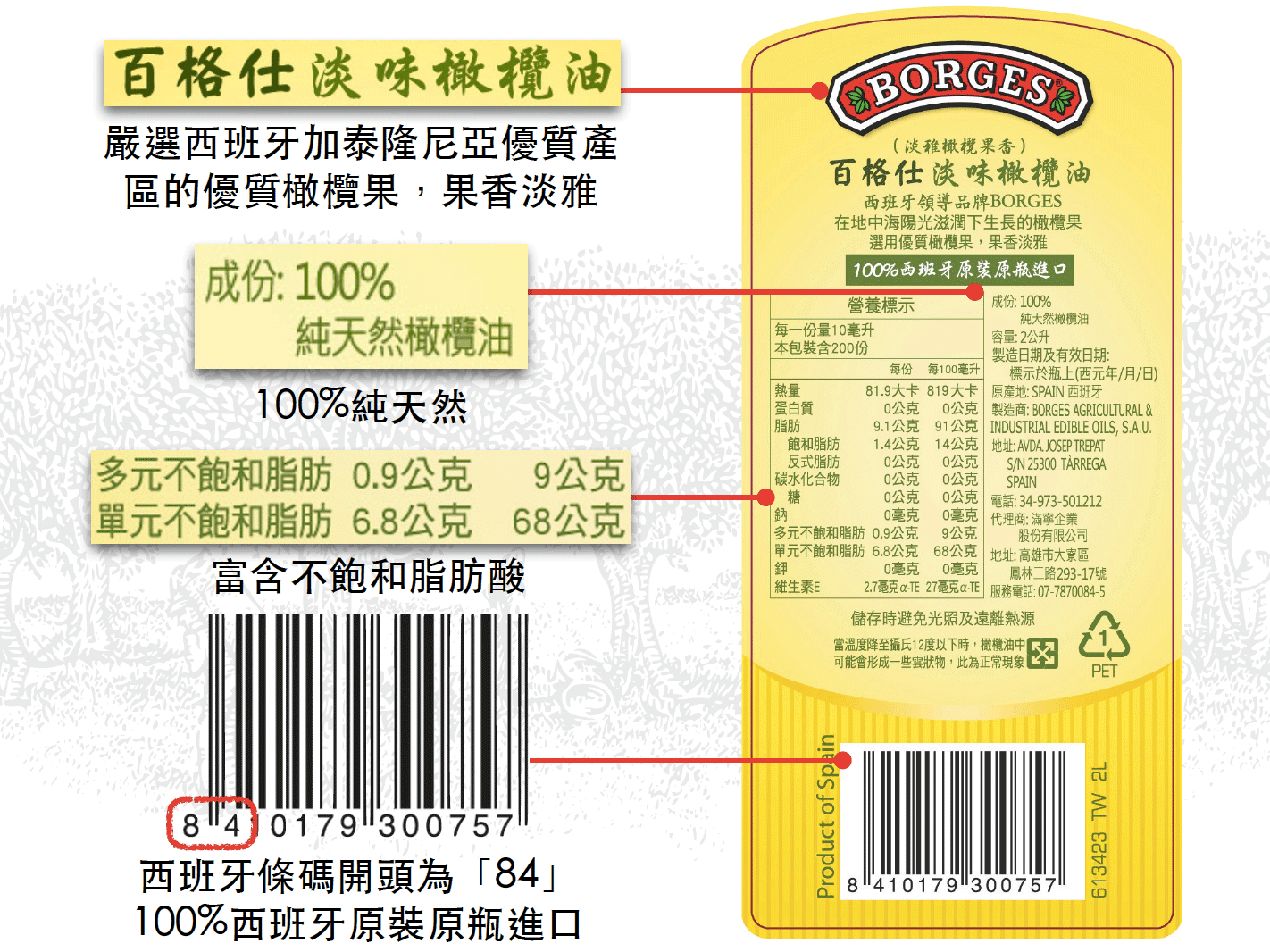 百格仕淡味橄欖油背標