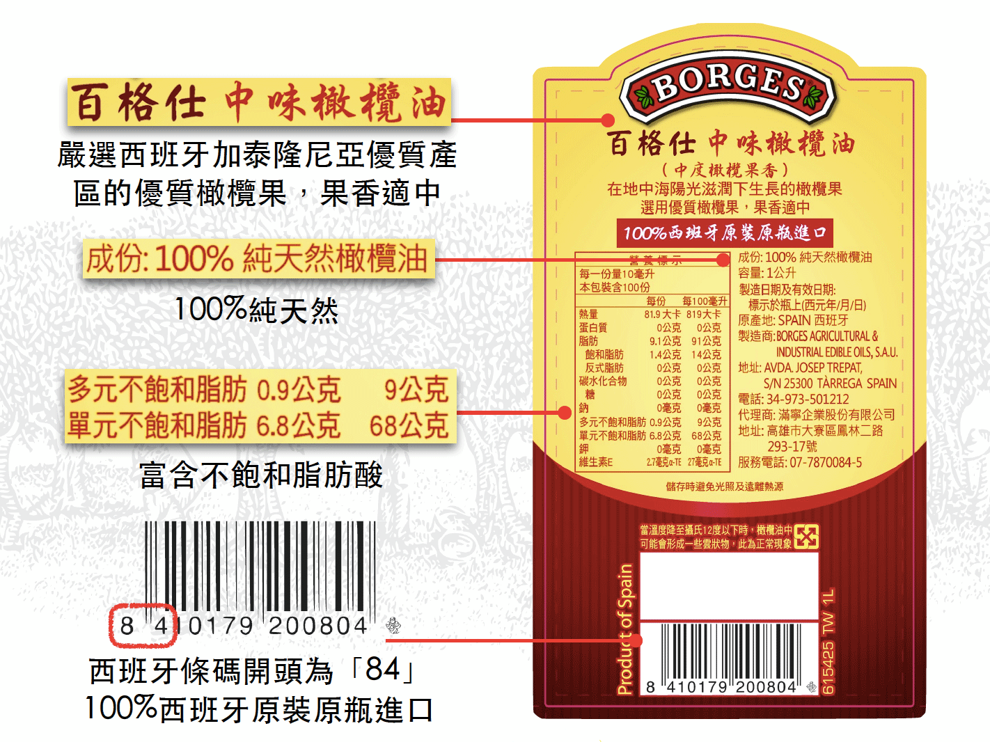 百格仕中味橄欖油背標